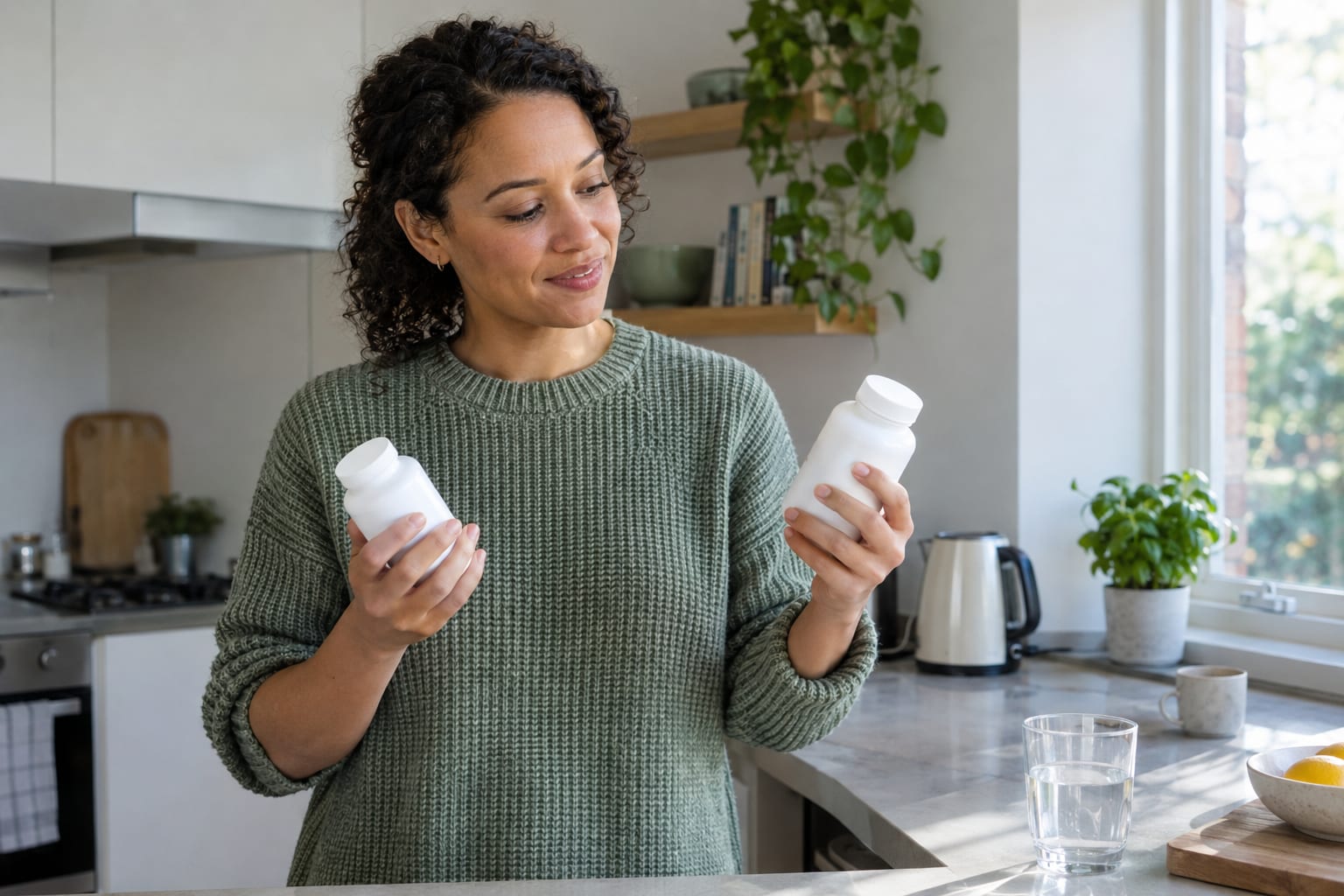 A woman in a sage green jumper at a bright kitchen counter comparing two plain white supplement bottles, one in each hand, with a glass of water beside her