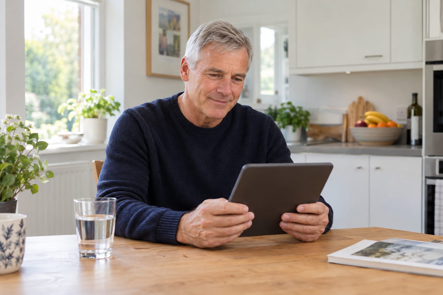 A man in his late fifties with short silver hair and a navy jumper reading a tablet at a bright kitchen table, a glass of water beside him
