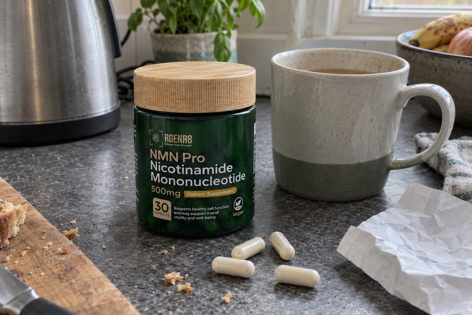 A jar of RGENR8 Pure NMN Pro on a kitchen worktop beside four loose capsules, a mug, a crumpled receipt and a few bread crumbs