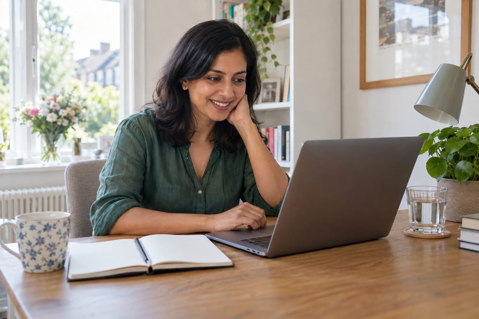 A woman in a grey cardigan at a worn wooden kitchen table, a mug in one hand, looking at an open laptop, with a notepad, a pair of glasses and some post beside her