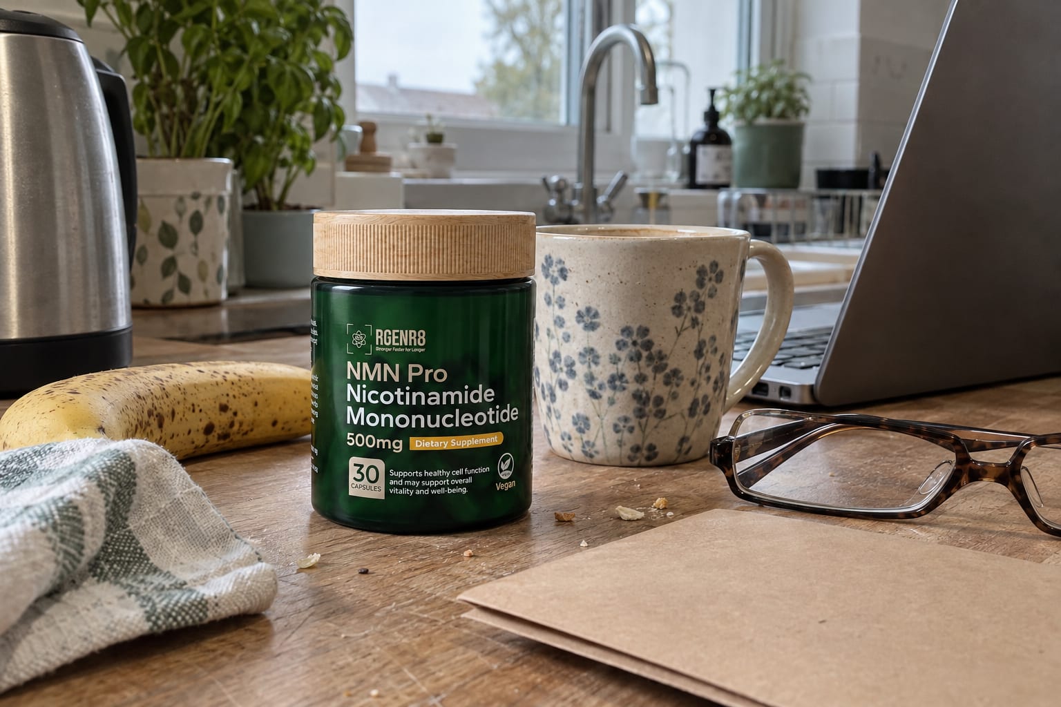 A jar of RGENR8 Pure NMN Pro on a kitchen worktop beside a floral mug, a banana, a pair of reading glasses, a brown envelope, a tea towel and an open laptop