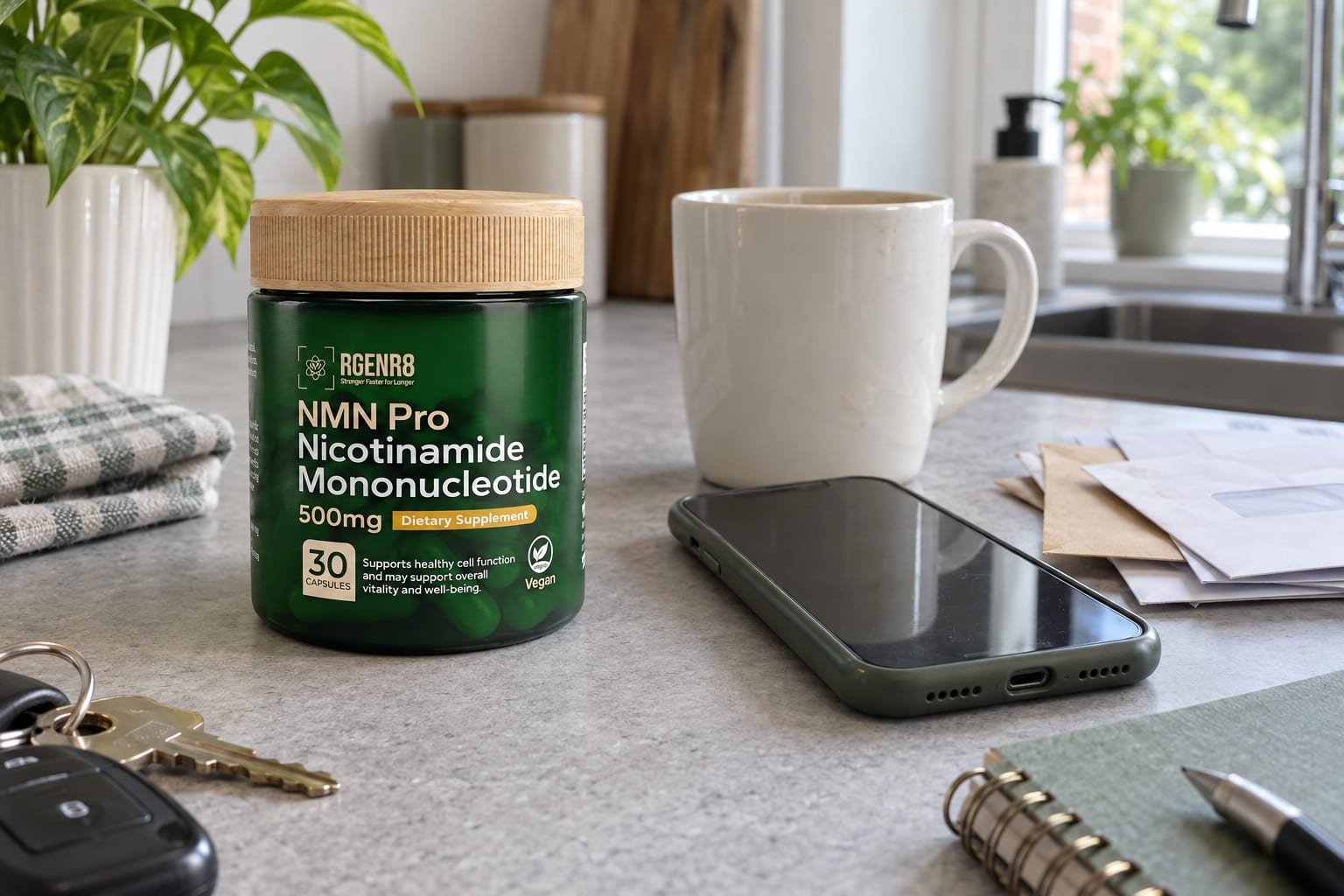 A jar of RGENR8 NMN beside a phone, a white mug, opened post and a notepad on a grey British kitchen worktop