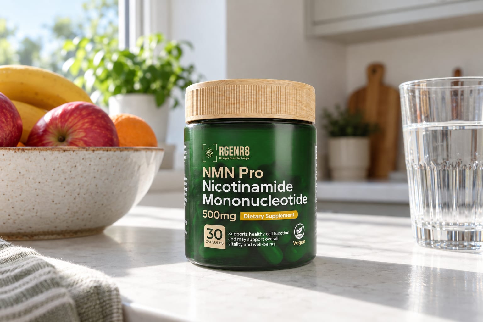 A jar of RGENR8 Pure NMN Pro and a second plain amber supplement jar on a cluttered kitchen worktop beside a bowl of yoghurt, a chipped mug and a phone