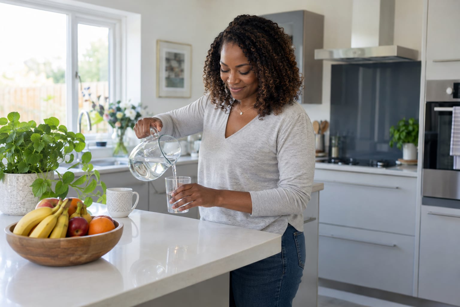 A man in a grey t-shirt filling a kettle at the sink of an ordinary British kitchen on a grey morning, with toast, a mug and a bowl of fruit on the worktop