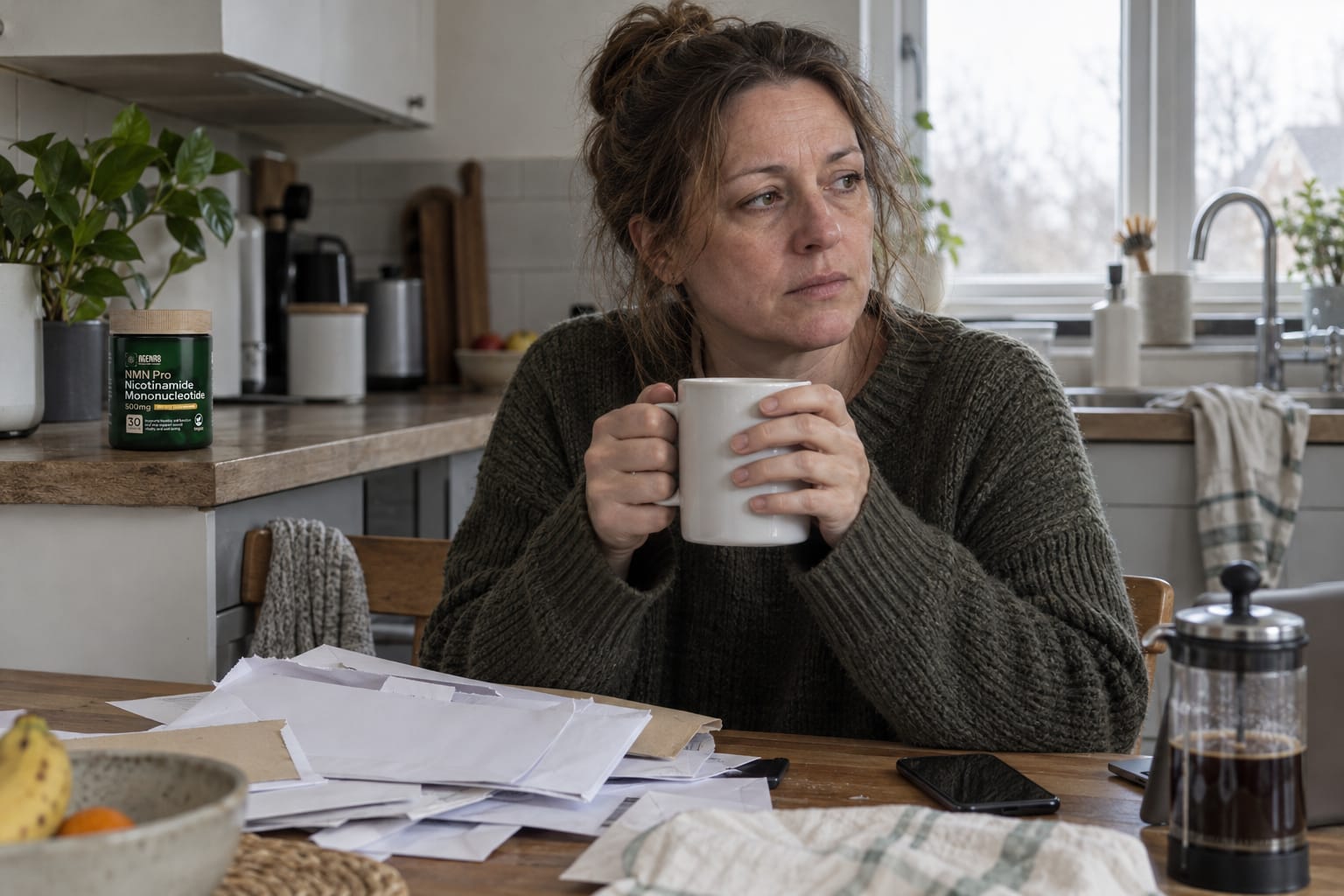 A woman in a green jumper at a cluttered kitchen table with a mug and a pile of post, a supplement jar on the worktop behind her