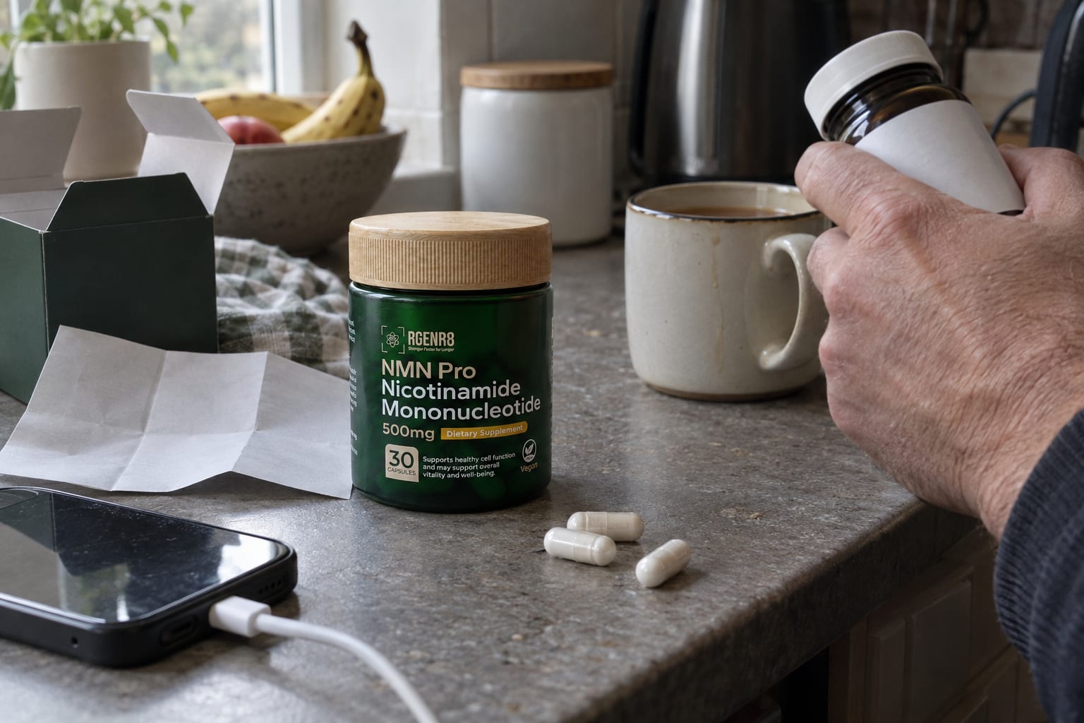 A jar of RGENR8 Pure NMN Pro and three loose capsules on a kitchen worktop, beside a mug of tea and an unfolded leaflet, while a hand turns another bottle to read its label
