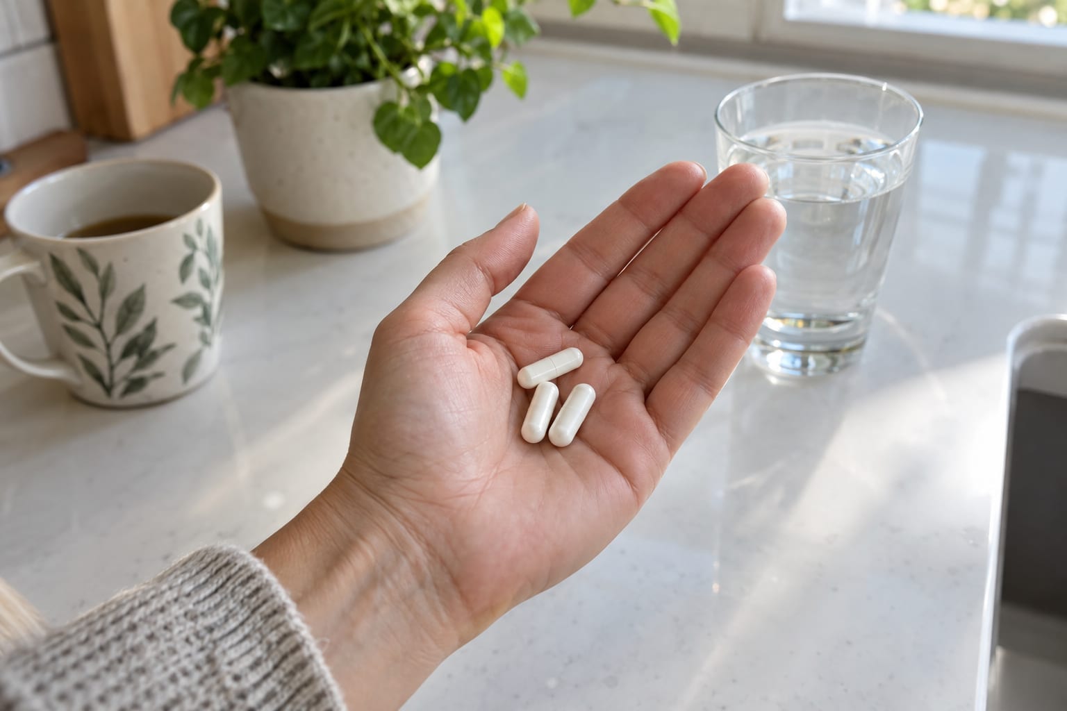 An open hand holding three plain capsules over a worn kitchen worktop, with a mug, a tea towel, opened post and a phone on charge beside a kettle and a bowl of fruit