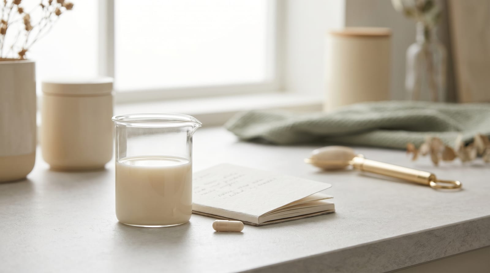 A glass beaker, an open notebook and a single capsule on a pale worktop beside a window