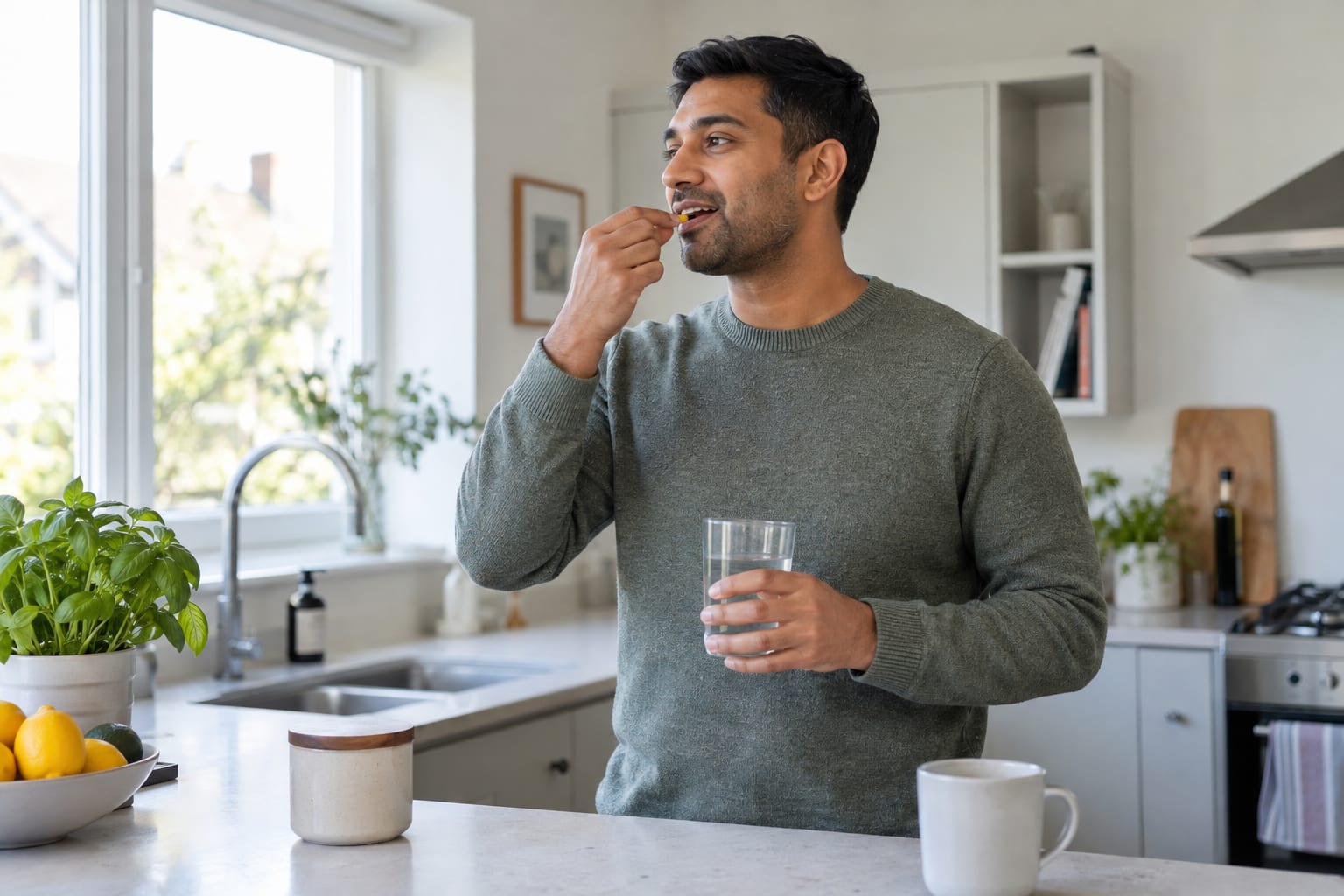 A man in a grey jumper at a British kitchen worktop taking a capsule with a glass of water, with a mug, a slice of toast and a kettle beside him