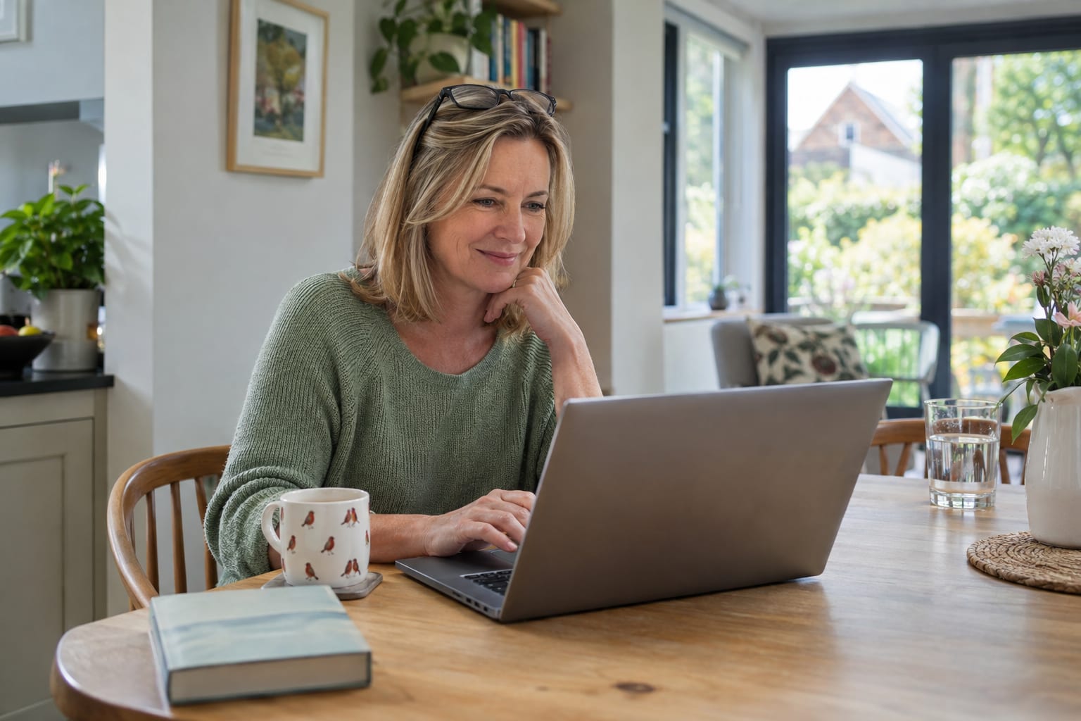 A woman at a kitchen table comparing printed price sheets with a calculator, a laptop turned away from the camera, a mug of tea and a pair of glasses