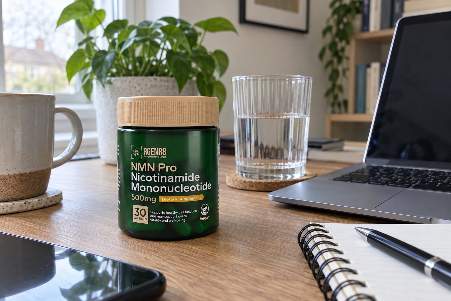 A supplement jar on a cluttered home-office desk beside a laptop, a glass of water, a mug and a notebook in flat daylight