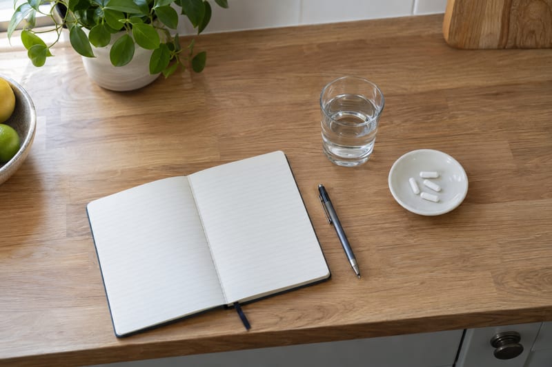 An open notebook with blank lined pages, a pen, a glass of water and four plain white capsules in a small ceramic dish on a light oak kitchen worktop