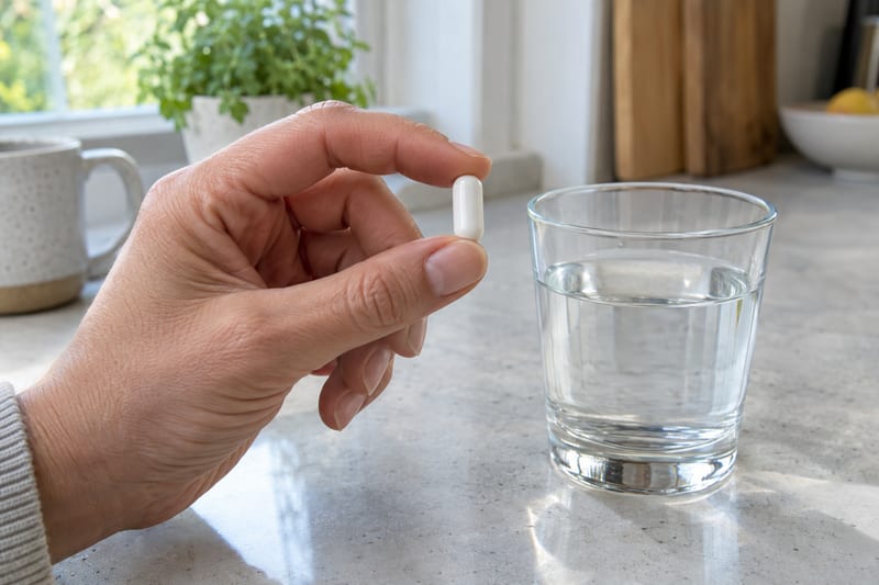 A hand holding a single white capsule beside a glass of water on a light kitchen worktop