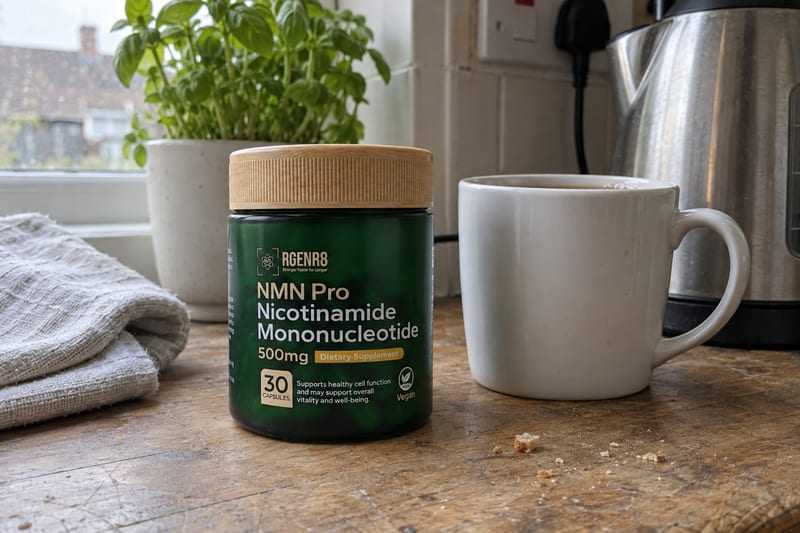 A jar of RGENR8 Pure NMN Pro on a worn wooden kitchen worktop beside a white mug of tea, a stainless steel kettle, a folded tea towel and a potted herb on the windowsill