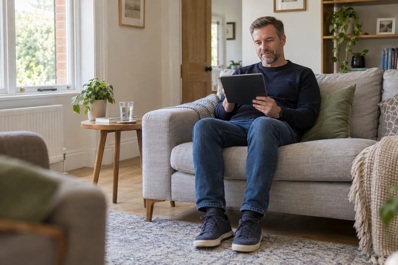 A man in a navy jumper at a worn wooden kitchen table writing sums in a notepad beside a calculator, an open laptop, a mug of tea and a pile of post