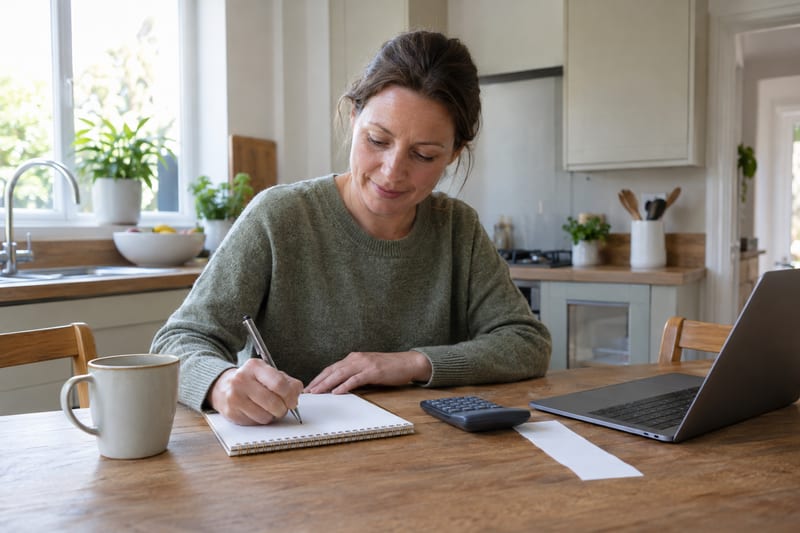 A woman in a green jumper writing sums on a notepad beside a calculator, a paper receipt and a laptop at a wooden kitchen table