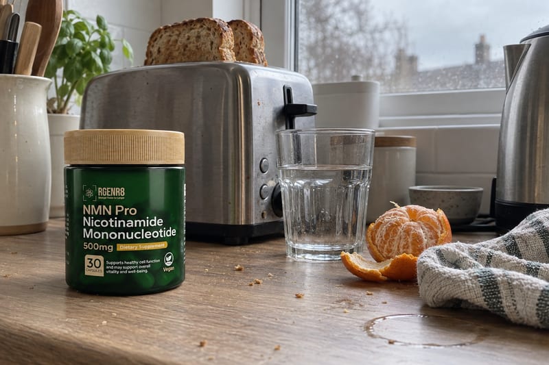 A jar of RGENR8 Pure NMN Pro on a kitchen worktop beside a toaster with two slices of toast, a glass of water, a half-peeled satsuma and a striped tea towel