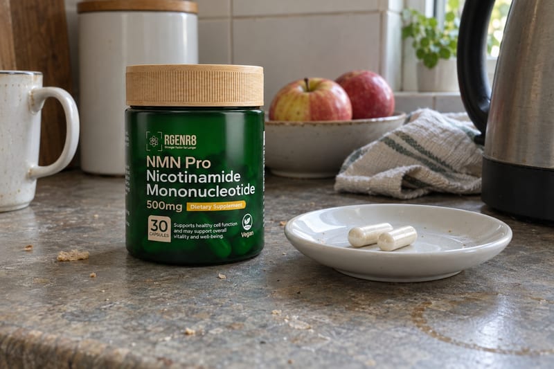 A jar of RGENR8 Pure NMN Pro on a kitchen worktop beside a saucer with two loose capsules, with a mug, a bowl of apples, a tea towel and a kettle behind it