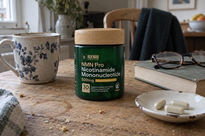 A jar of RGENR8 Pure NMN Pro on a worn pine kitchen table beside a mug, a pair of reading glasses on a book and three loose capsules on a saucer