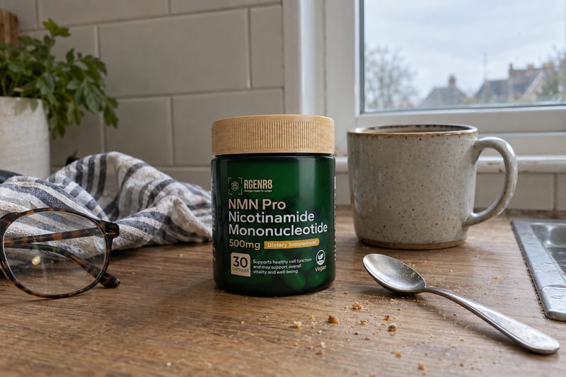 A jar of RGENR8 Pure NMN Pro on a worn wooden kitchen worktop beside a stoneware mug, a pair of reading glasses, a striped tea towel and a teaspoon, with crumbs on the surface