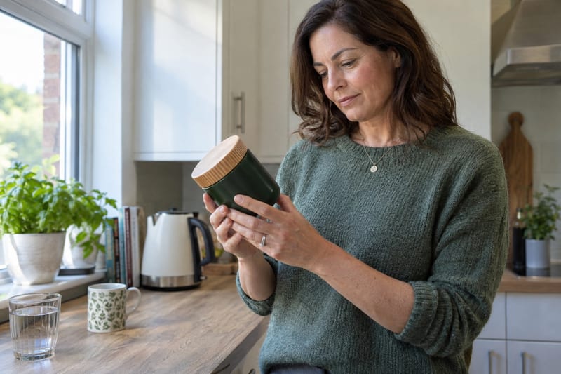 A woman in a green jumper holding a supplement jar and reading it in a small kitchen, with a kettle and a glass of water on the worktop