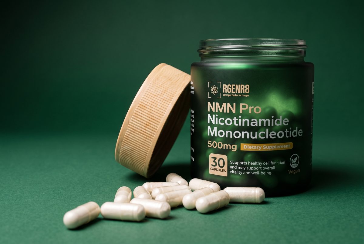 Open RGENR8 jar with white capsules spilling onto a green surface