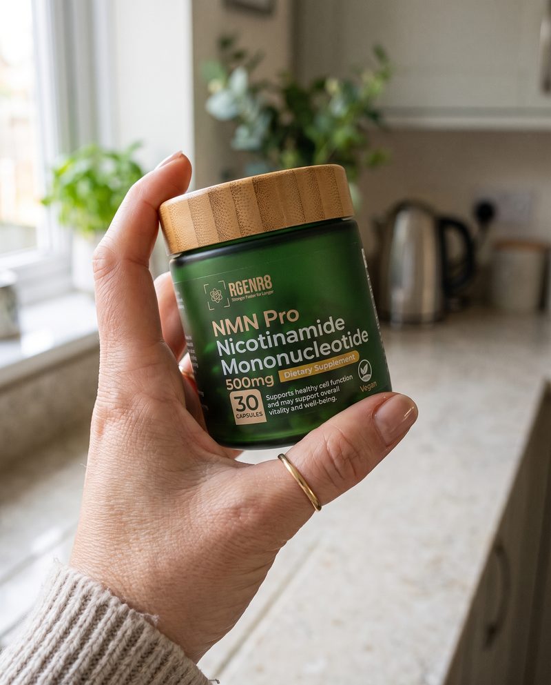 A hand holding a jar of RGENR8 Pure NMN in a kitchen