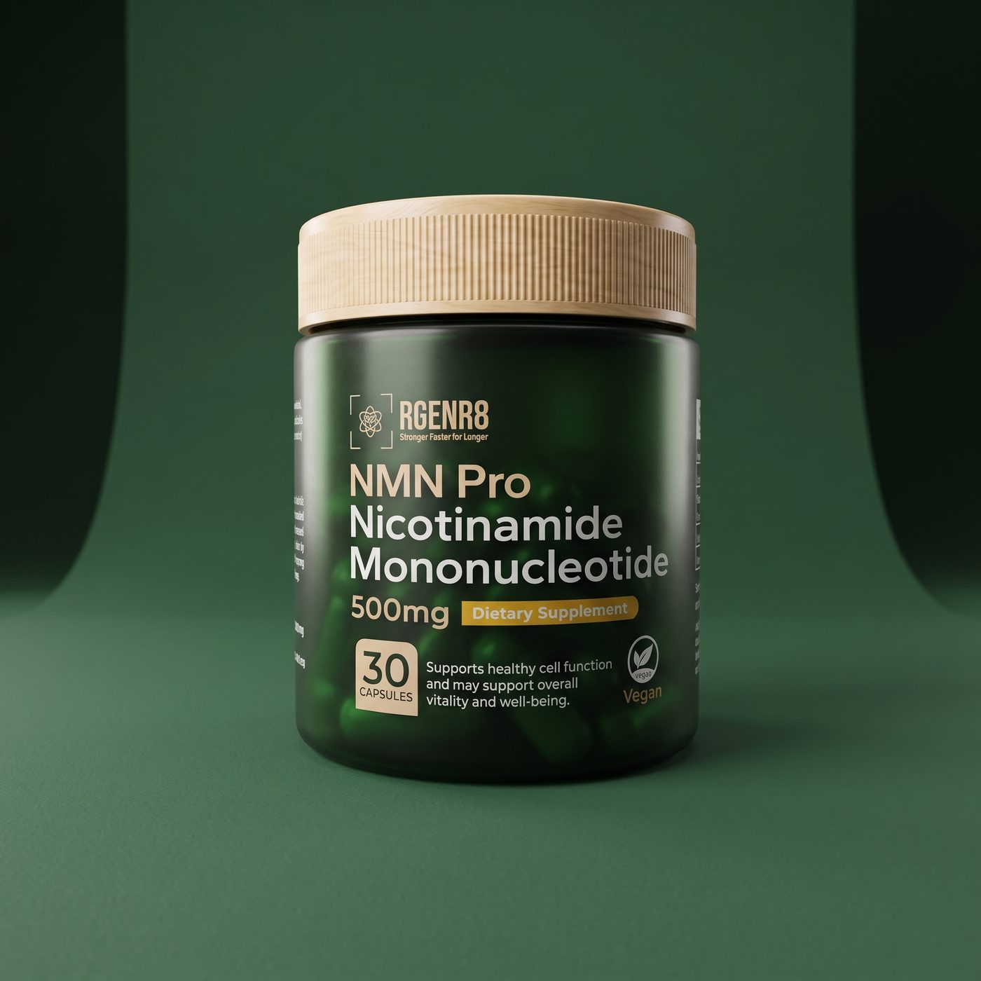 RGENR8 Pure NMN jar on a deep green backdrop